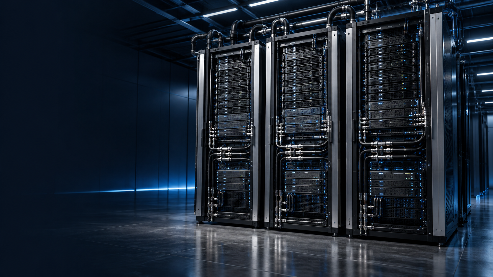藍色燈光下的 AI 運算機櫃與資料中心